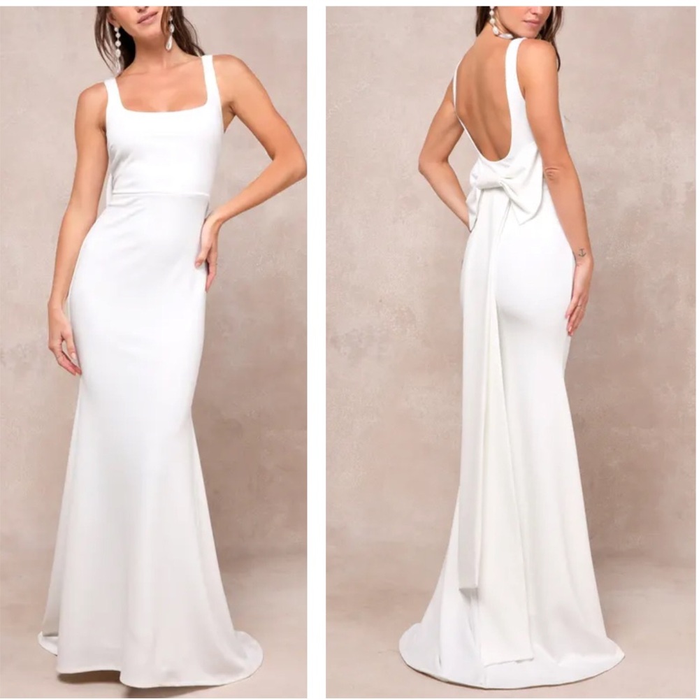 Lulus Loving Fate White Bow Square Neck Backless Maxi Dress Size XS NWT